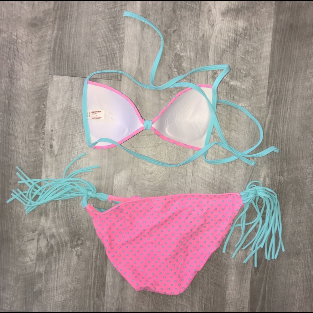 Swim Pink polka dot bikini fringe SzS/ M EUC - Picture 2 of 4